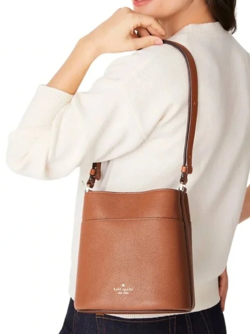Kate Spade Leila Bucket Bag Crossbody Adjustable Purse Tan Pebbled Leather Purse